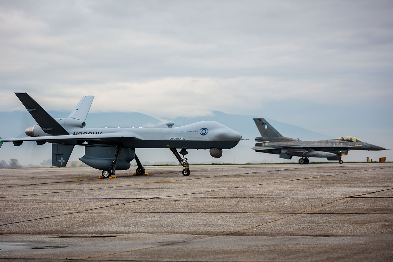 MQ-9 Guardian and a Hellenic Air Force F-16 Jet