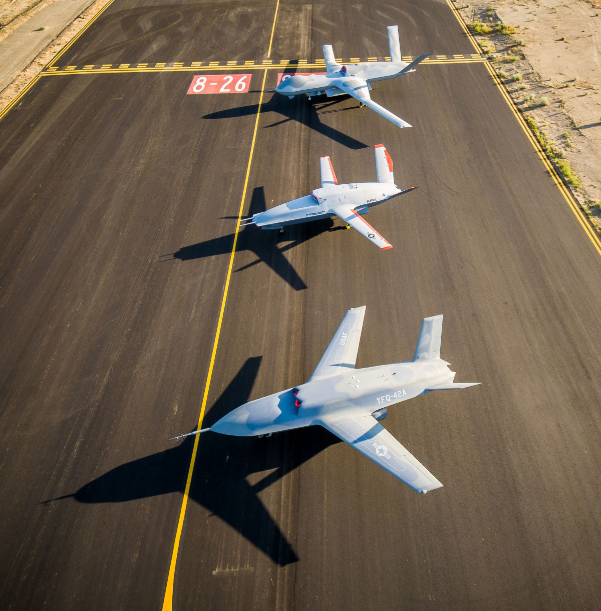  GA-ASI unmanned jets include (top to bottom) MQ-20 Avenger®, XQ-67A and YFQ-42A.