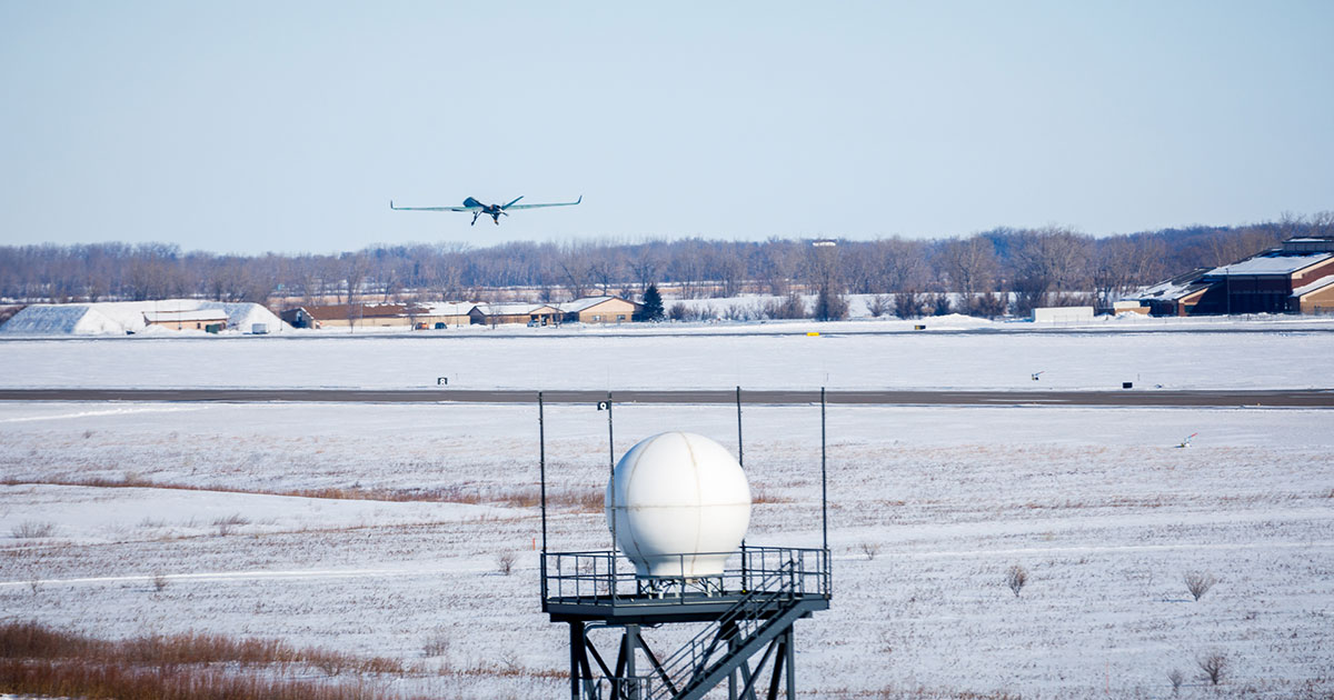 MQ-9B taking off during its cold weather validation flights in Grand Forks, North Dakota in 2023.