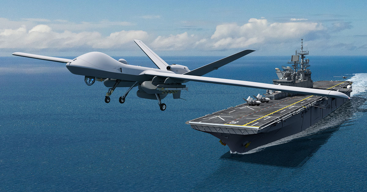 Artist rendering of MQ-9B STOL after taking off from a big-deck amphibious assault vessel.