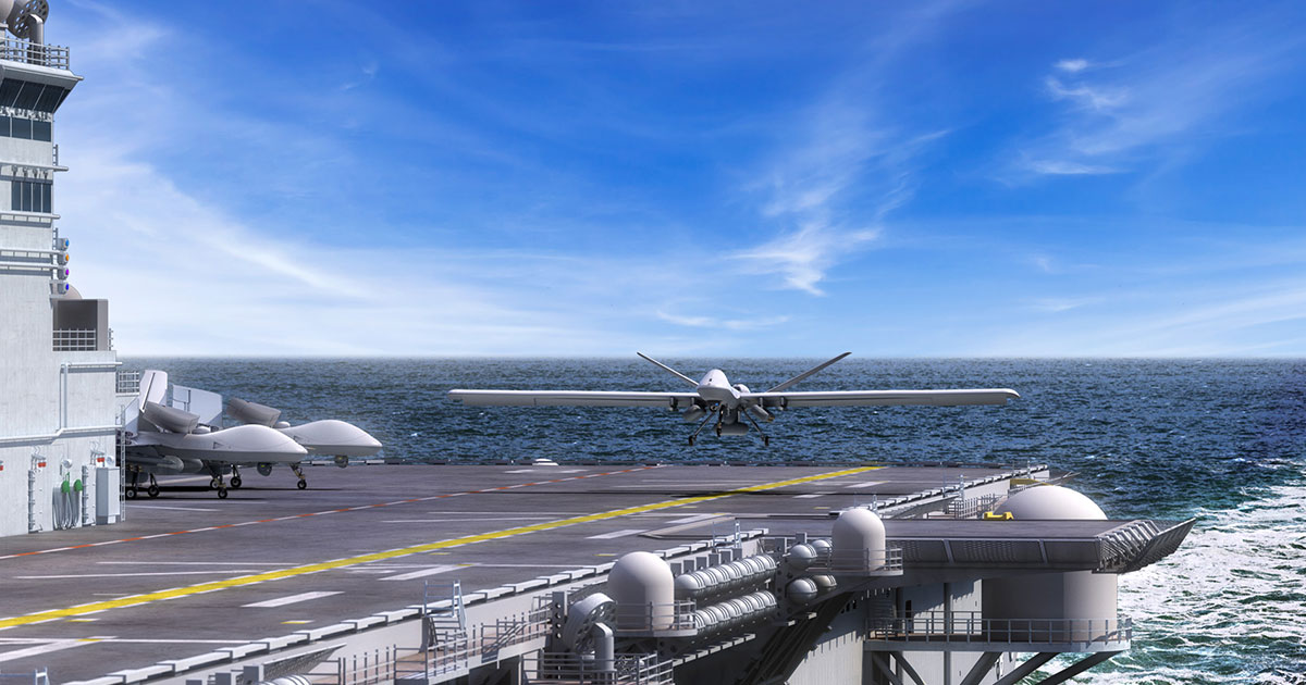 AArtist rendering of MQ-9B STOL landing on a big-deck amphibious assault vessel.